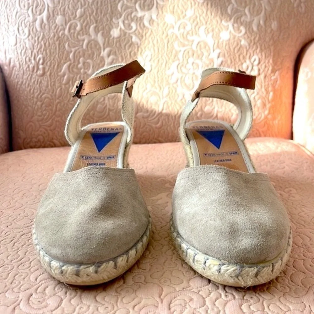 Brand New Verbenas Genuine Suede Espadrilles Wedges Ankle Strap Sandals Stone